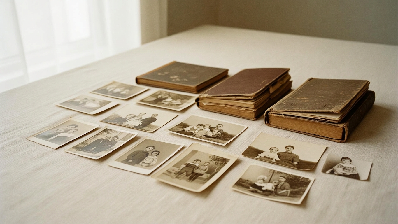 Organized collection of vintage family photographs and albums on a cream linen surface