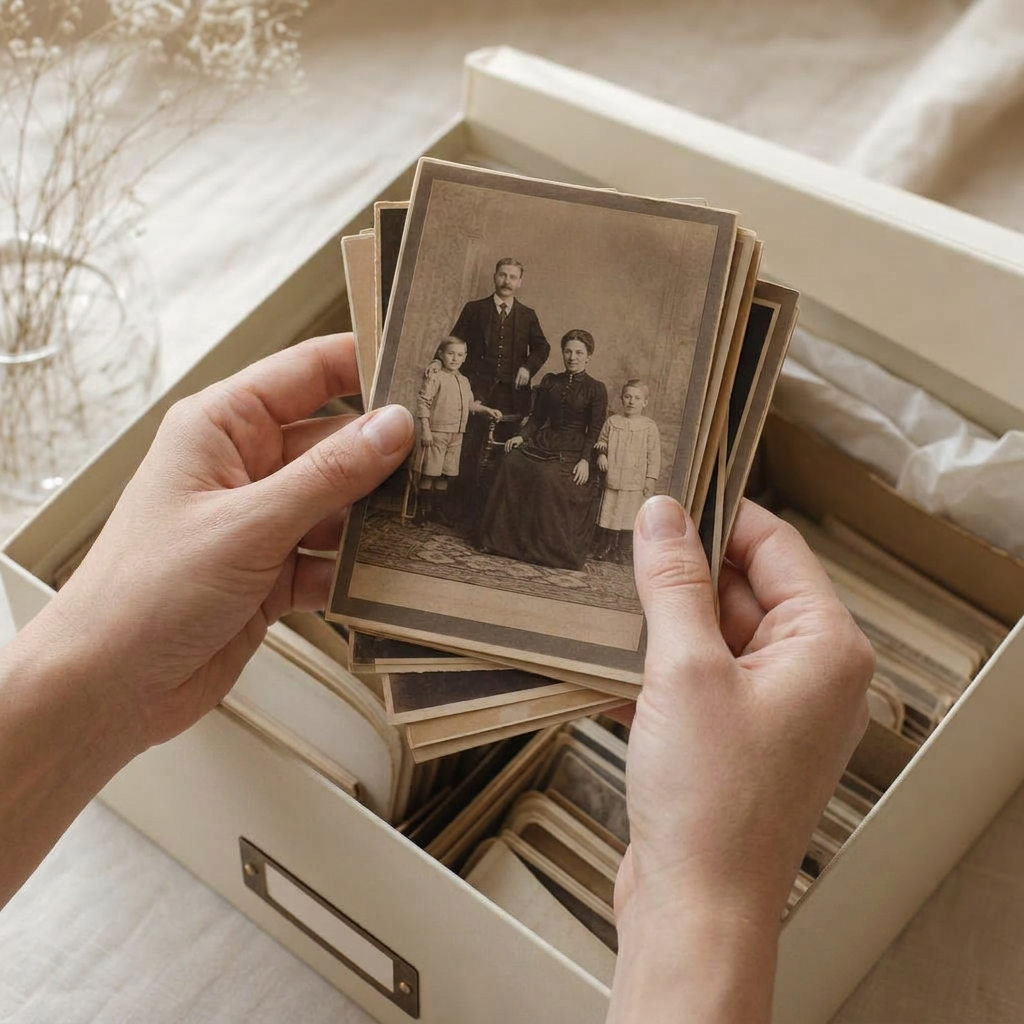 Hands holding vintage photographs over an archival memory box